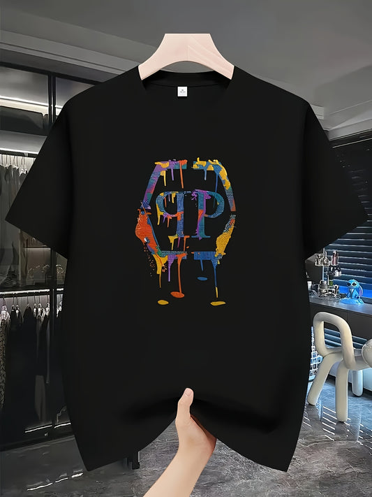 T-shirt d'été unisexe ample à manches courtes avec un imprimé lettre graffiti tendance et un col rond.