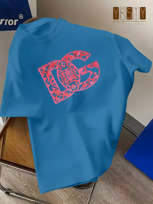 T-shirt décontracté à manches courtes imprimé anglais DG nouvelle tendance, T-shirt col rond 100% polyester, avec une légère élasticité, poids du tissu 180 g, adapté aux pulls d'été.