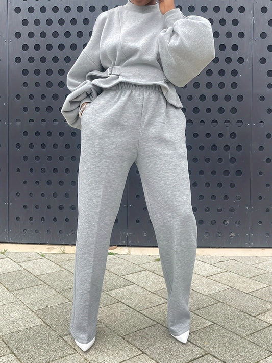 Ensemble élégant pour femme avec ceinture : haut à manches lanternes et pantalon taille haute, couleur unie, lavable en machine