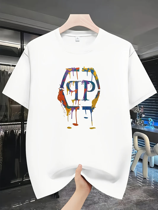 T-shirt d'été unisexe ample à manches courtes avec un imprimé lettre graffiti tendance et un col rond.