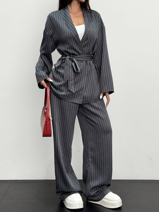 Ensemble veste de costume décontractée à rayures pour femme NS702 + pantalon ample taille haute et droit à jambes larges