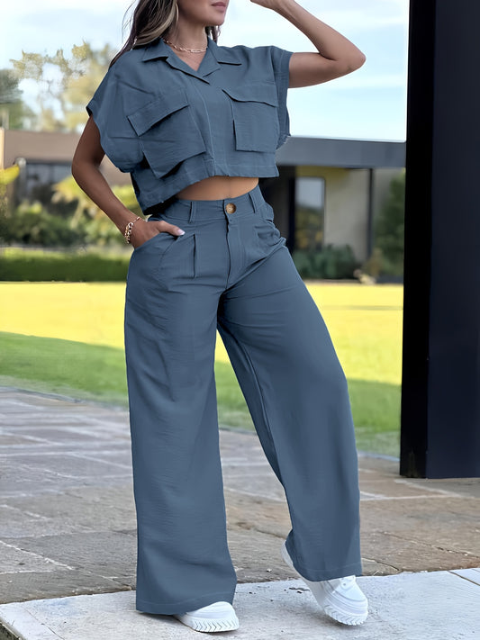 Ensemble deux pièces chic et décontracté pour femme : chemise à manches courtes et pantalon large vert clair - 100 % polyester, lavable en machine, vêtements confortables | Ensemble chic et décontracté | Texture brillante